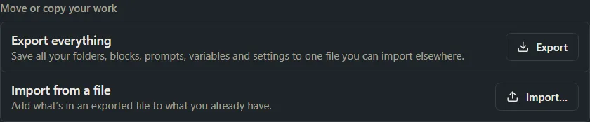 The Move or copy your work card with an Export button for Export everything and an Import button for Import from a file.