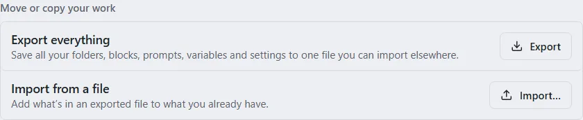 The Move or copy your work card with an Export button for Export everything and an Import button for Import from a file.