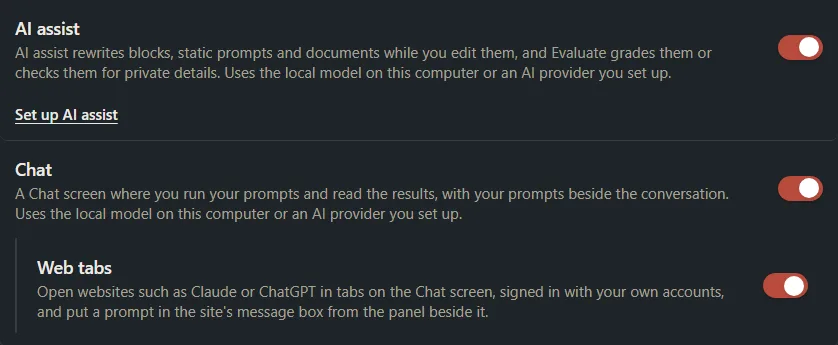 The AI assist switch with a Set up AI assist link under it, and the Chat and Web tabs switches below.