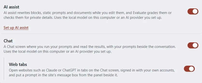 The AI assist switch with a Set up AI assist link under it, and the Chat and Web tabs switches below.