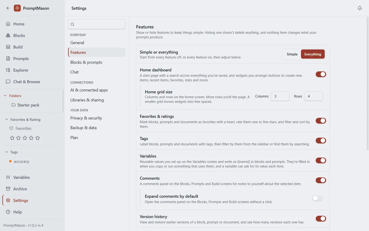 The Features pane in Settings with a switch for each feature, such as Home dashboard, Tags and Variables, and a Simple or Everything choice at the top.