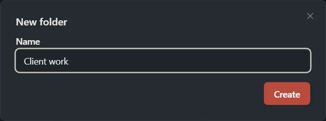 The New folder window with a Name box and a Create button.
