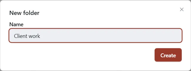 The New folder window with a Name box and a Create button.