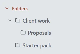 The sidebar’s Folders list with the folder Client work open to show Proposals inside it, and Starter pack.