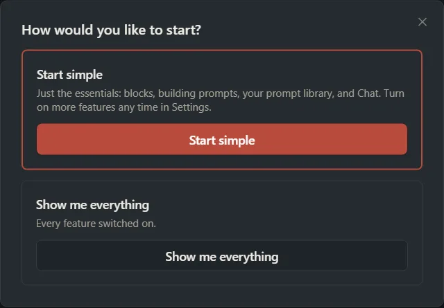 The “How would you like to start?” window with two choices, Start simple and Show me everything.