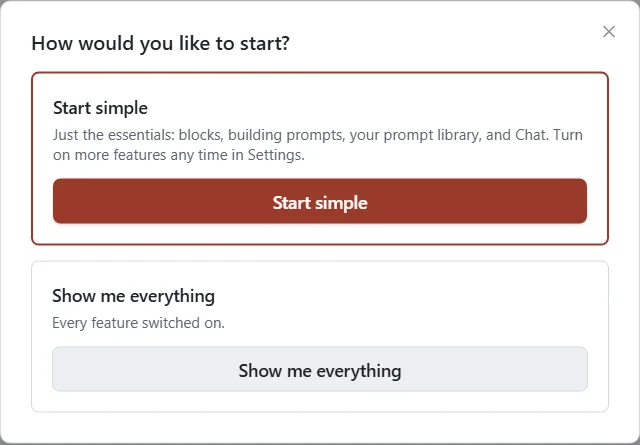 The “How would you like to start?” window with two choices, Start simple and Show me everything.