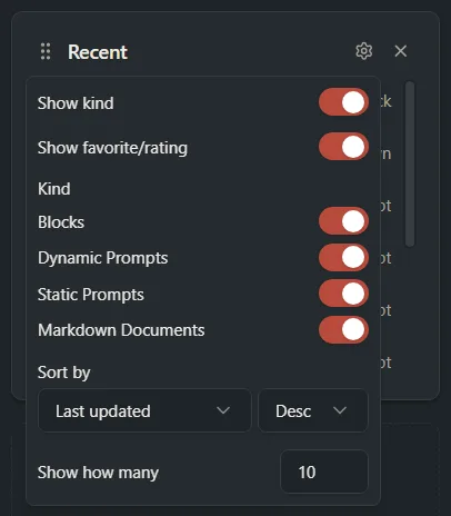 The Recent widget with its settings open: Show kind, Kind, Sort by and Show how many.
