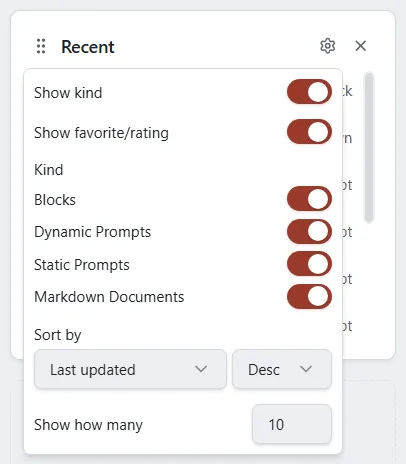 The Recent widget with its settings open: Show kind, Kind, Sort by and Show how many.