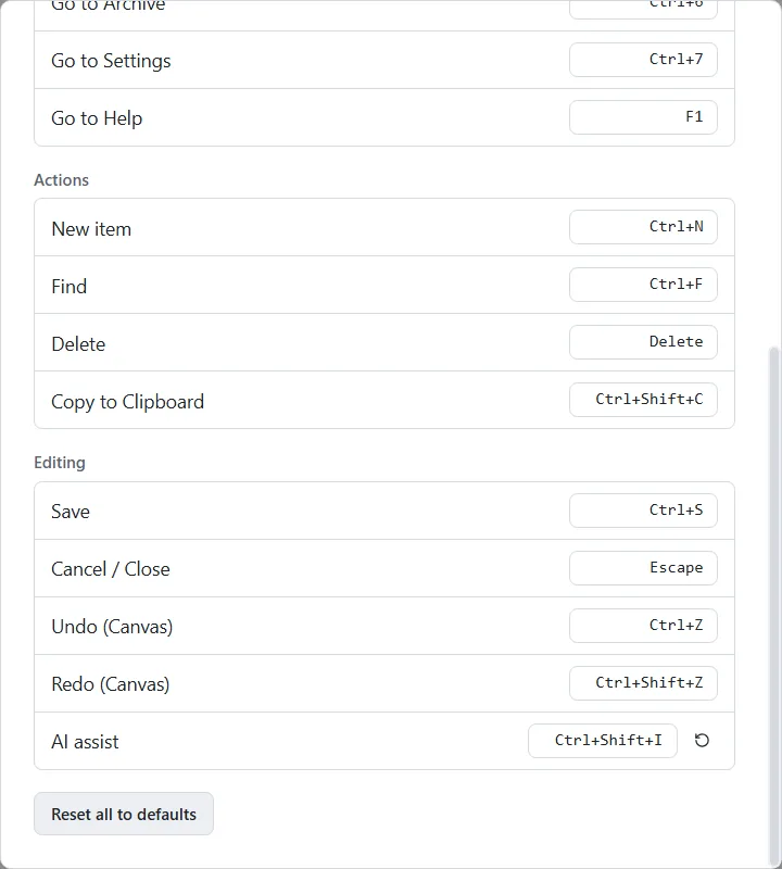 The Keyboard shortcuts window with a changed shortcut, its reset button, and Reset all to defaults.