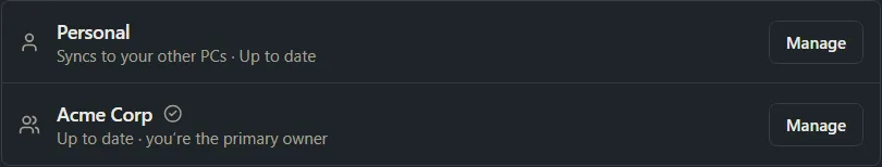 The Libraries row listing Personal and a team library with its sync status and a Manage button.