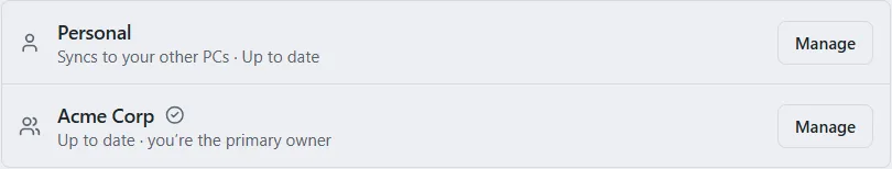 The Libraries row listing Personal and a team library with its sync status and a Manage button.