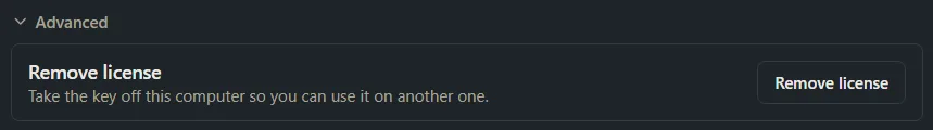 The Advanced section of the Plan pane with a Remove license button.