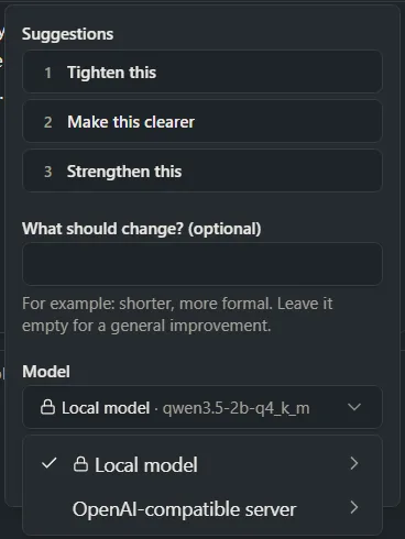 The AI assist box with the Model list open, showing Local model with a lock icon next to another provider.