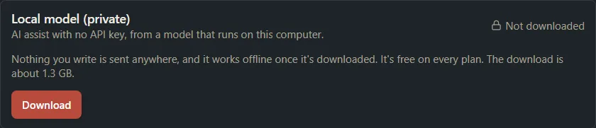 The Local model (private) card showing Not downloaded, a note that the download is about 1.3 GB, and a Download button.
