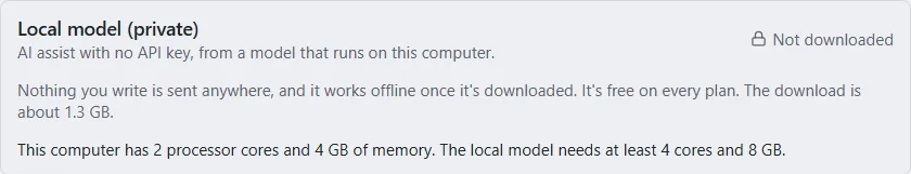 The Local model card on a small PC saying the computer needs at least 4 cores and 8 GB, with no Download button.