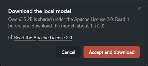 The “Download the local model” window with the license name and the buttons Cancel and Accept and download.