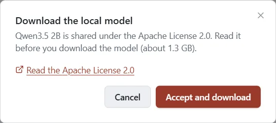 The “Download the local model” window with the license name and the buttons Cancel and Accept and download.