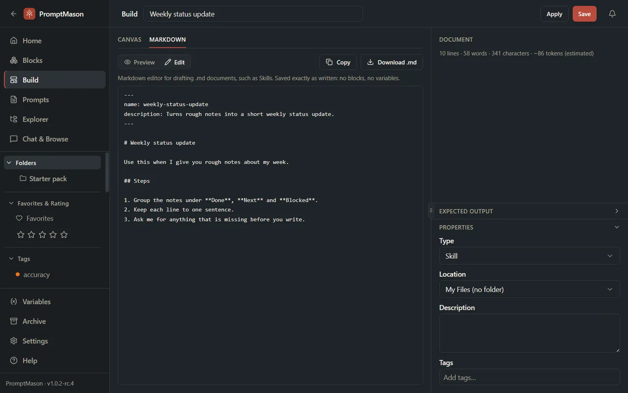 A Markdown document being edited: an AI Skill for weekly status updates, with Copy and Download .md.