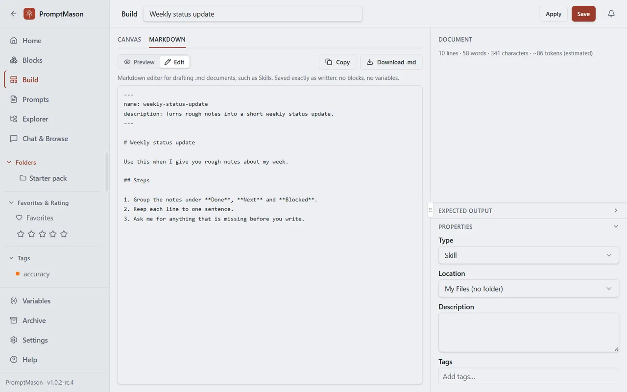 A Markdown document being edited: an AI Skill for weekly status updates, with Copy and Download .md.