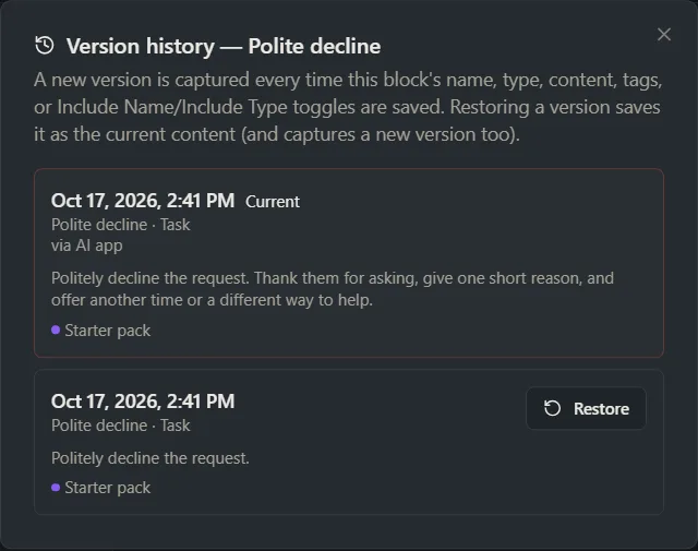 The Version history window for a block, with the newest version marked via AI app.