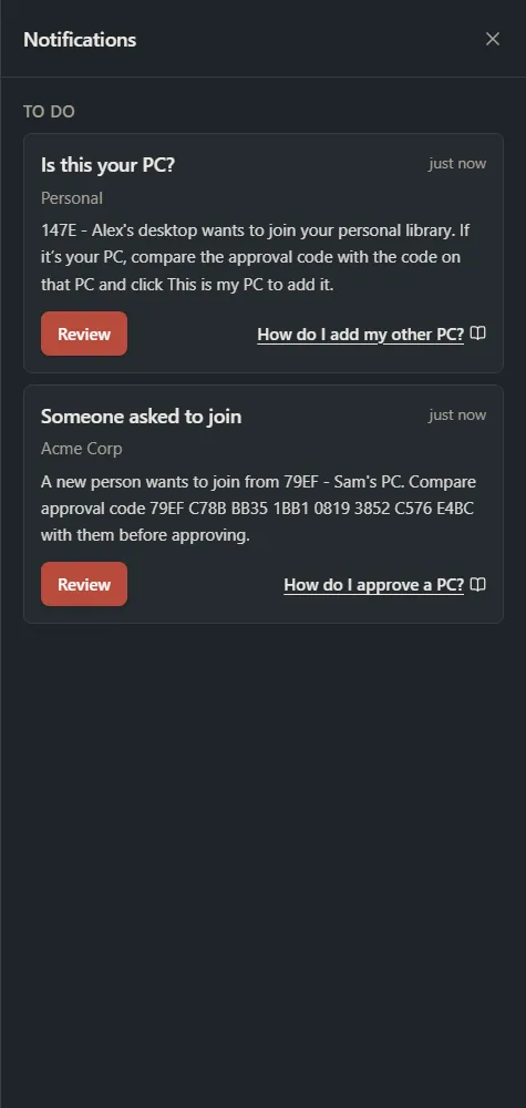 The Notifications panel with two To do items, each with a title, message, buttons and a help link.