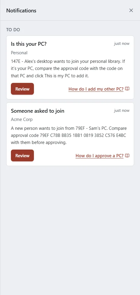 The Notifications panel with two To do items, each with a title, message, buttons and a help link.