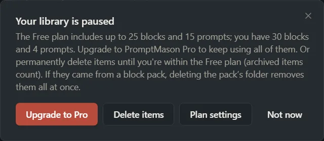 The Your library is paused window with Upgrade to Pro, Delete items and Not now buttons.