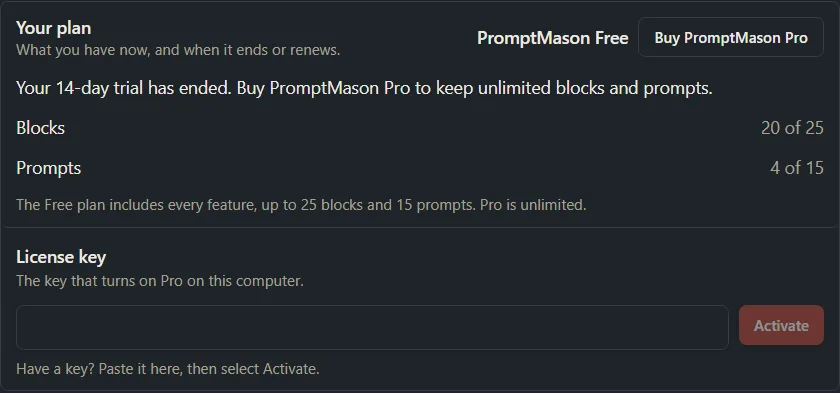 The Your plan row on the Free plan, saying the 14-day trial has ended, with 20 of 25 blocks and 4 of 15 prompts used and a Buy PromptMason Pro button, and the License key box under it.