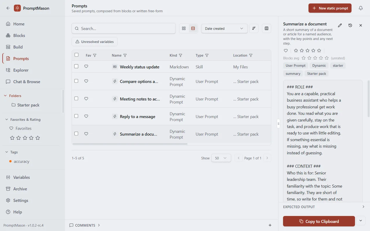 The Prompts screen with a list of prompts and the selected prompt’s text, tags and Copy to Clipboard button in the pane on the right.