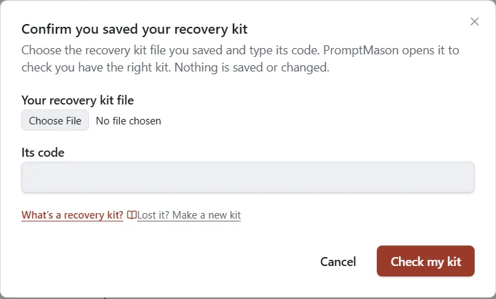 The Confirm you saved your recovery kit window with a file box, a code box and a Check my kit button.