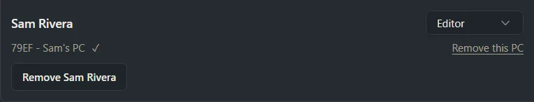 The Members section of Manage with a Remove button for each person and each PC.