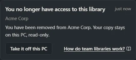 The notification telling a removed person they no longer have access, with a Take it off this PC button.