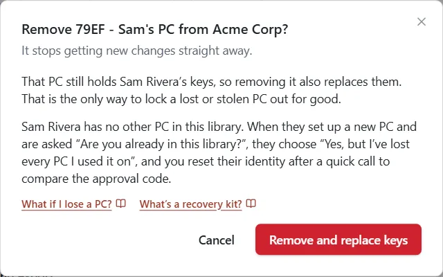 The Remove PC window explaining that the PC’s keys are replaced, with a Remove and replace keys button.