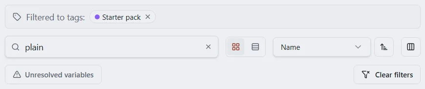 The toolbar with a search word typed and the Clear filters button visible next to a Filtered to tags bar.