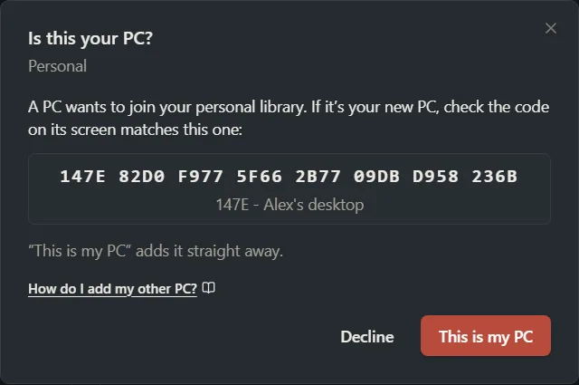The Is this your PC window with the approval code and the This is my PC and Decline buttons.