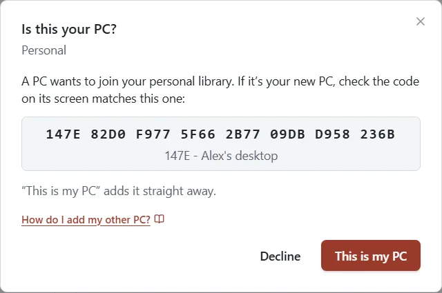 The Is this your PC window with the approval code and the This is my PC and Decline buttons.