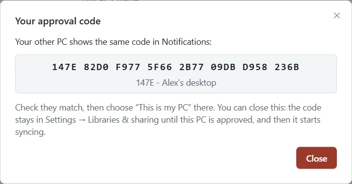 The Your approval code window with the code and this PC’s name.