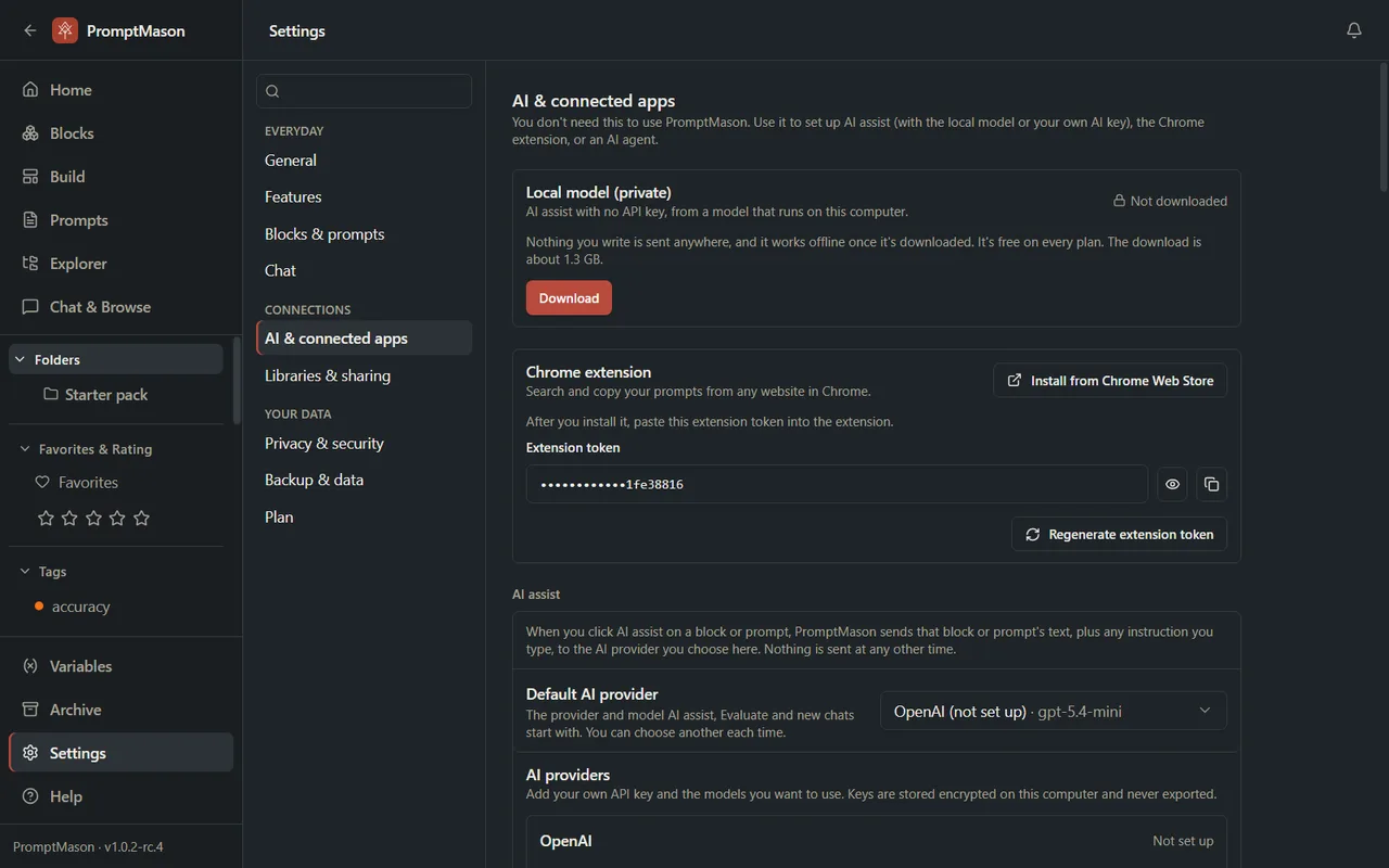 The AI & connected apps pane in Settings, with the Local model, Chrome extension and AI assist cards.