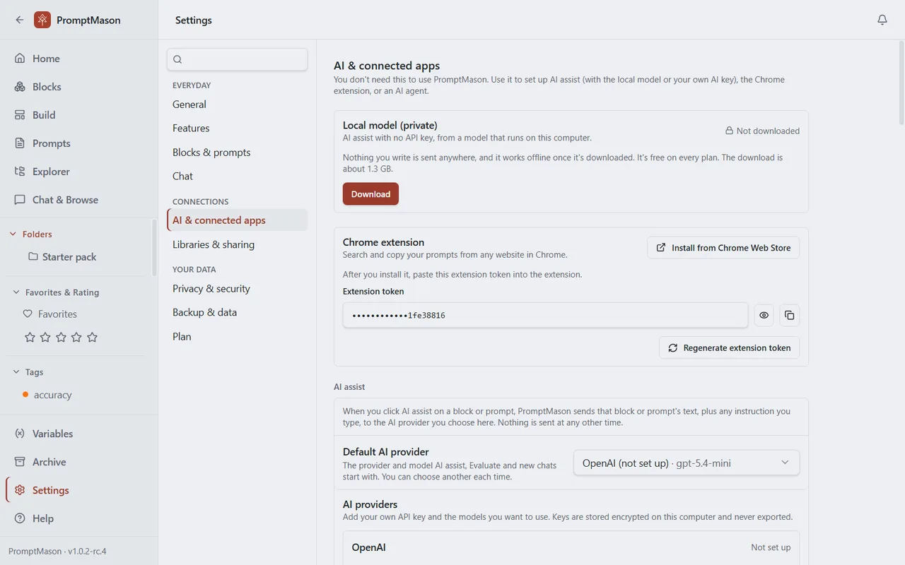 The AI & connected apps pane in Settings, with the Local model, Chrome extension and AI assist cards.