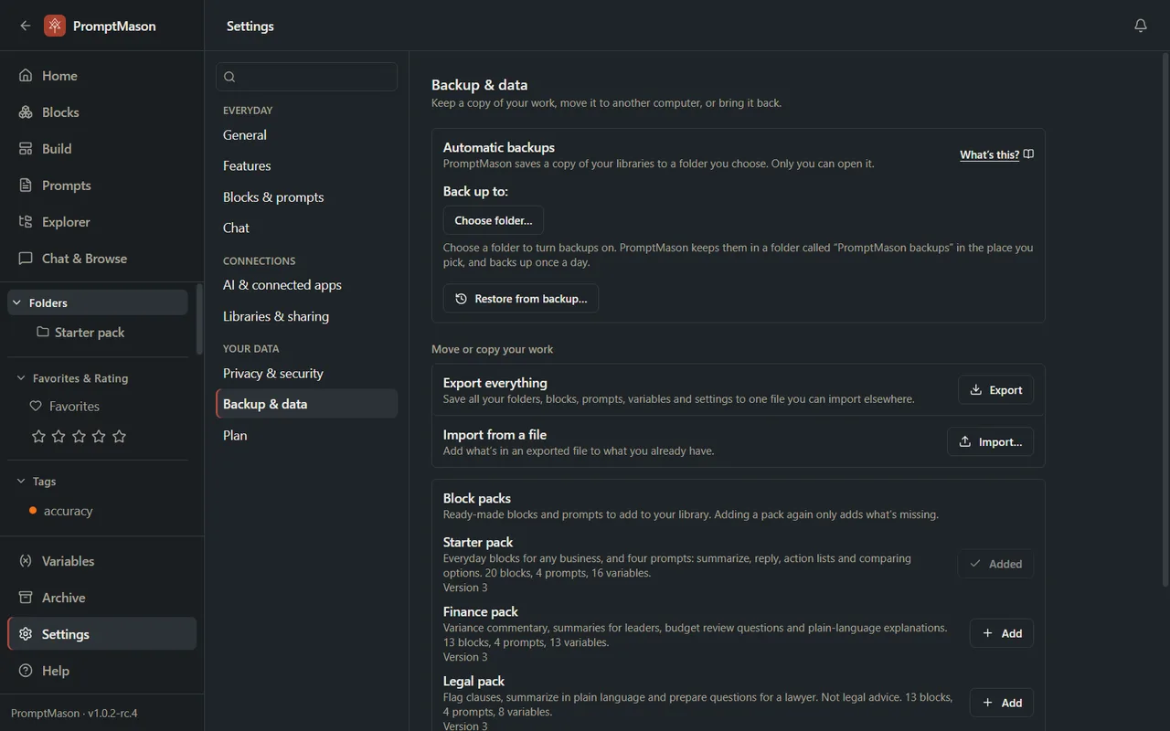 The Backup and data pane with Automatic backups, Export and Import, and Block packs.