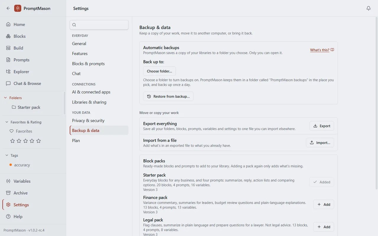 The Backup and data pane with Automatic backups, Export and Import, and Block packs.
