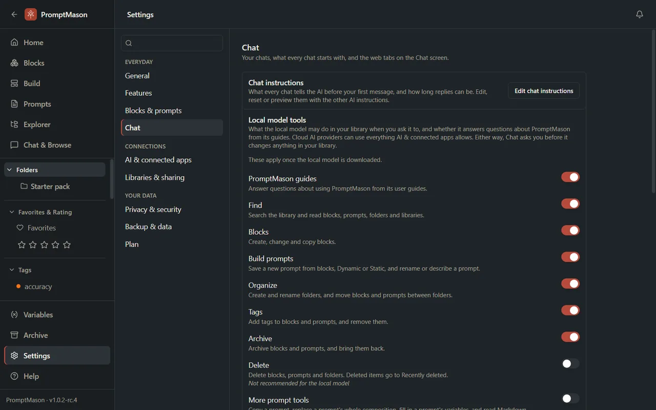The Chat pane in Settings with chat instructions, local model tools, bookmarks and browsing history.