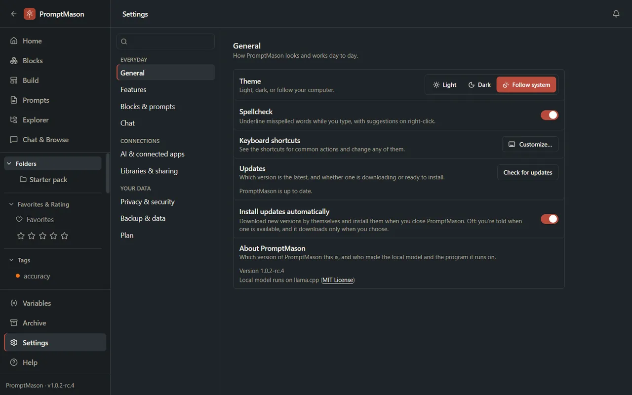 The Settings screen with the list of panes on the left and the General pane showing Theme, Spellcheck, Keyboard shortcuts, Updates, Install updates automatically and About PromptMason.