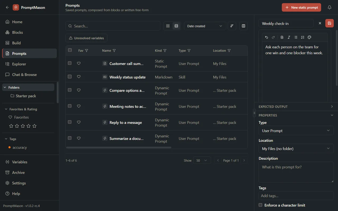 A new static prompt open for editing with a name, the text box and the Properties section.