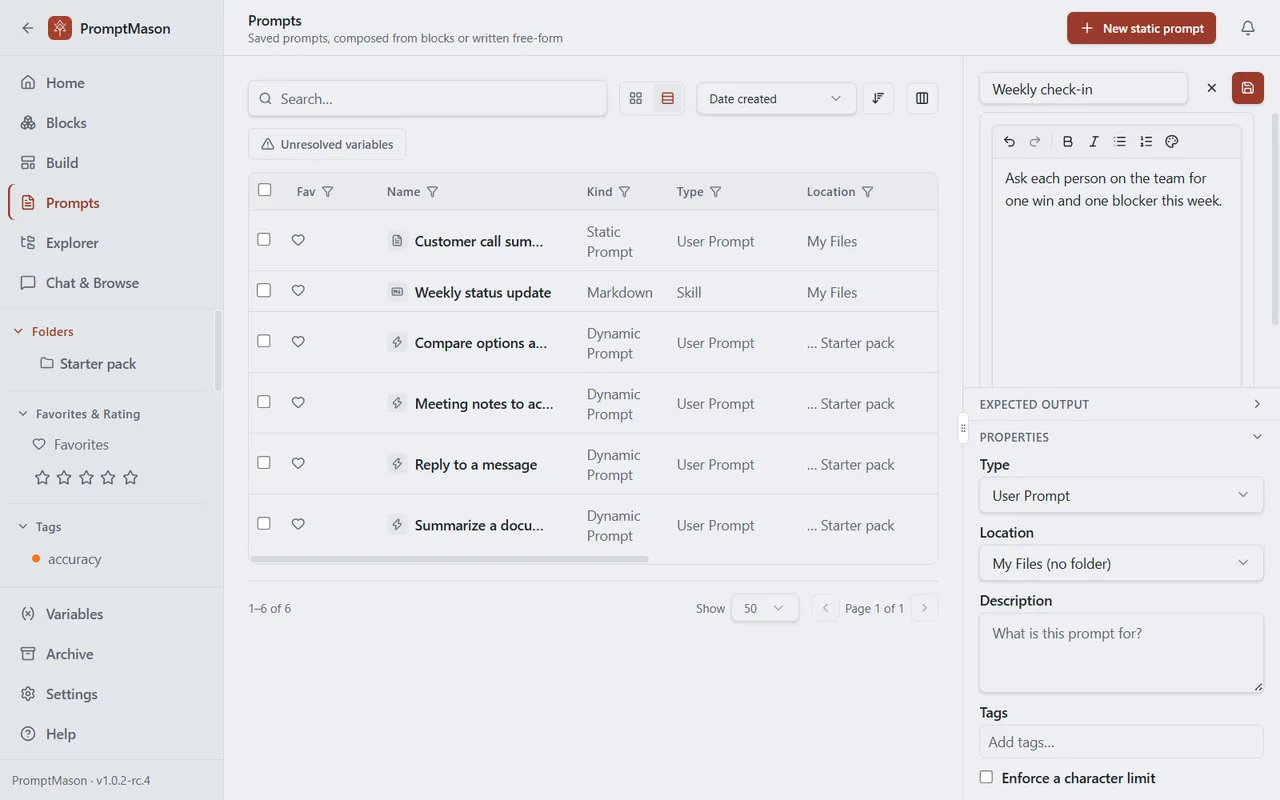 A new static prompt open for editing with a name, the text box and the Properties section.