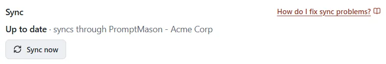 The Sync section of a library’s Manage window with its status and a Sync now button.