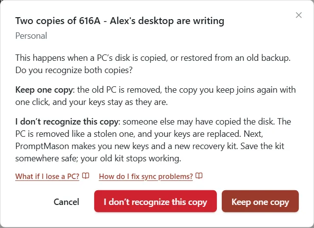 The window titled Two copies are writing with the choices Keep one copy and I don’t recognize this copy.