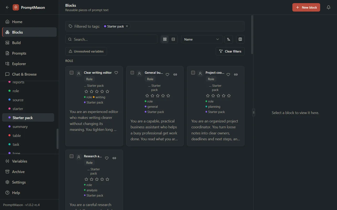 The Blocks screen filtered by the Starter pack tag, with the tag highlighted in the sidebar and a Filtered to tags bar above the list.