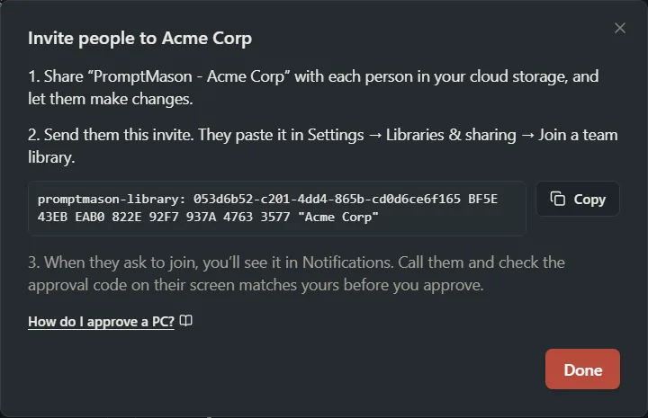 The Invite people window for a team library called Acme Corp, with the invite to send and the steps to approve each person.