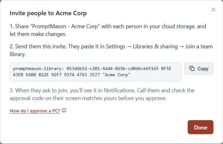 The Invite people window for a team library called Acme Corp, with the invite to send and the steps to approve each person.